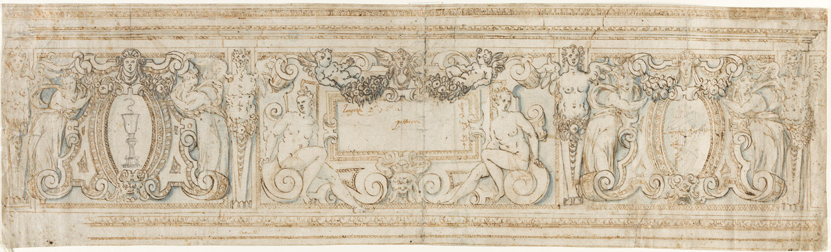 ITALIAN SCHOOL, 16TH CENTURY A Study for a Fresco Decoration with Seated Nudes and Putti Holding Garlands along with Framed Spaces for